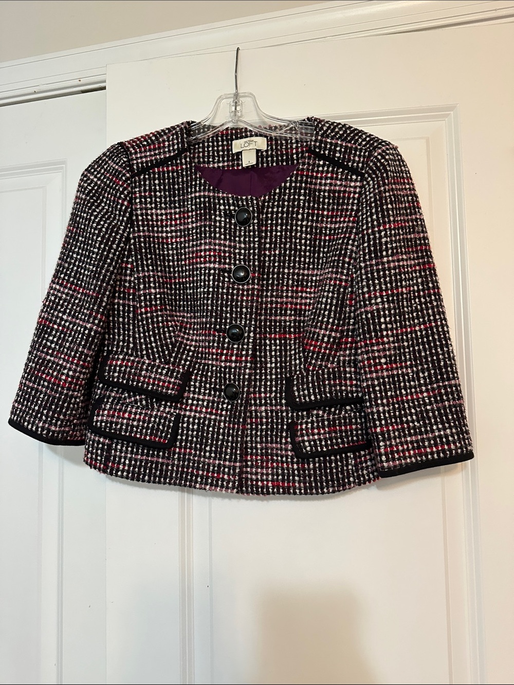 Loft size 4 multi colored tweed cropped 3/4 sleeve jacket. Excellent condition.